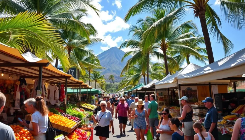 A bustling open-air market, sunlight filtering through lush palm trees, vendors offering vibrant tropical produce, handmade crafts, and the aroma of freshly baked Hawaiian treats. In the foreground, shoppers browse stalls, examining colorful fruits and vegetables. In the middle ground, farmers and artisans enthusiastically engage with customers, showcasing their wares. The background features the iconic Mauna Kea volcano, its peaks framing the lively scene. The atmosphere is lively, welcoming, and quintessentially Hawaiian, inviting visitors to immerse themselves in the local culture and cuisine.