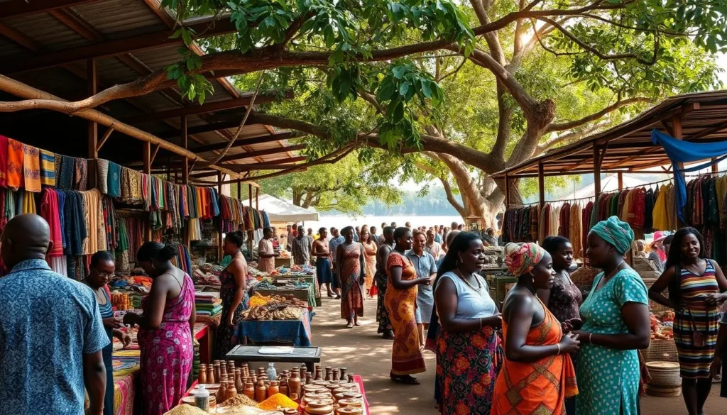 A bustling open-air marketplace in Kisangani, Democratic Republic of the Congo. Vibrant stalls selling colorful textiles, handcrafted wooden carvings, and fragrant spices. Locals in traditional dress haggling and exchanging lively conversation. Sunlight filters through the canopy of trees, casting a warm glow over the scene. In the background, the distant sound of music and laughter. Capture the energy and cultural richness of this dynamic community gathering.
