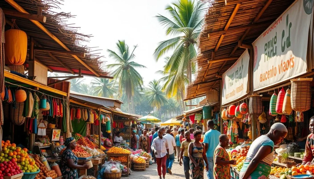A bustling open-air marketplace in a vibrant African town, filled with colorful stalls displaying an array of local produce, handcrafted goods, and lively vendors. Sunlight filters through the canopy of thatched roofs, casting a warm glow over the scene. Shoppers navigate the narrow aisles, examining the wares and engaging in lively bargaining. In the background, towering palm trees sway gently, and the distant sound of laughter and conversation creates a lively, authentic atmosphere. Capture the essence of a quintessential African market experience, where the sights, sounds, and aromas of daily life converge.