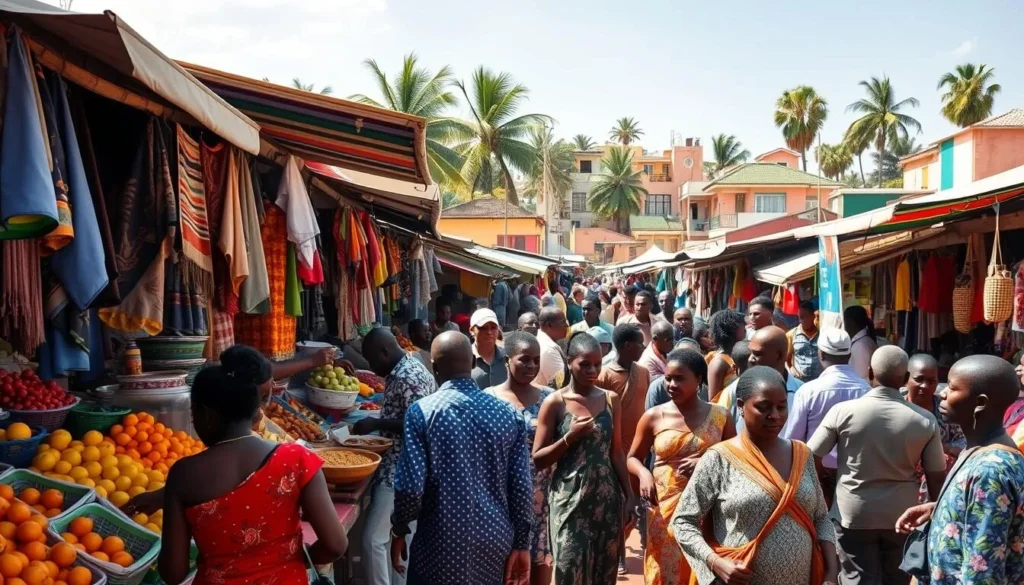 A bustling open-air marketplace in a vibrant African town, sunlight filtering through the tightly-packed stalls. Merchants hawk their wares - fresh produce, handcrafted textiles, fragrant spices, and local handicrafts. Shoppers weave through the lively crowd, examining the colorful displays and haggling good-naturedly. The air is alive with the sounds of bartering, laughter, and the aroma of sizzling street food. In the background, a skyline of colorful buildings and palm trees completes the scene, capturing the unique character and energy of this authentic local experience.