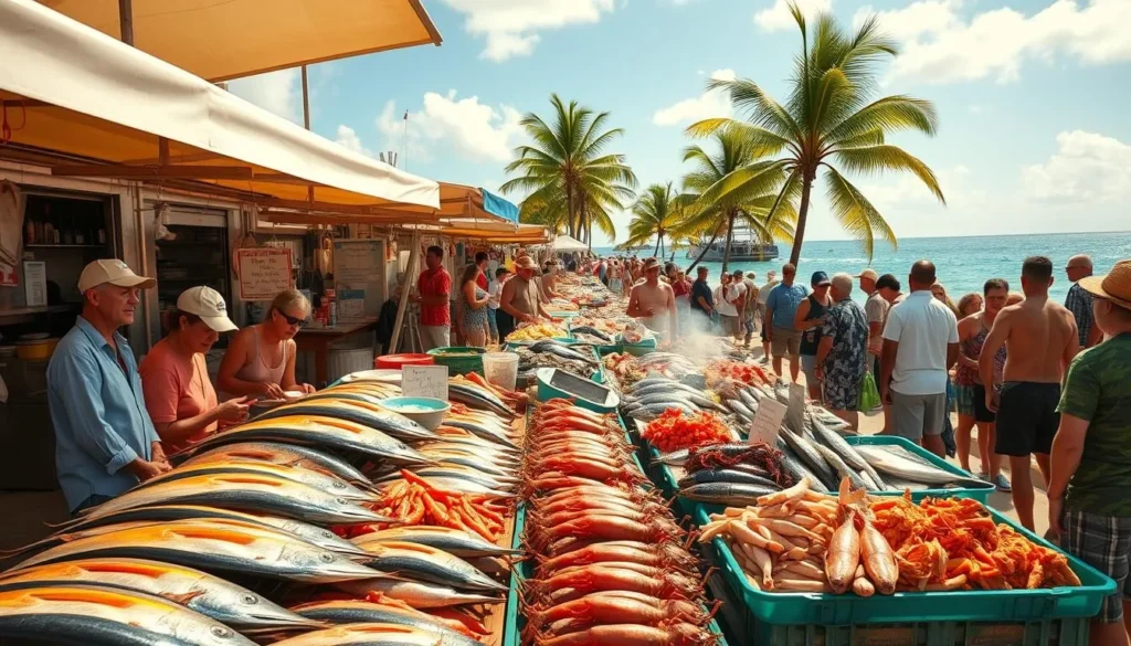 A bustling open-air seafood market in Kailua-Kona, Hawaii, on a sunny day. Vibrant displays of freshly caught tuna, mahi-mahi, and lobster glisten under warm tropical light. Fishermen stand behind stalls, offering samples and haggling with eager customers. The air is filled with the aroma of sizzling fish and the sounds of lively conversation. In the background, palm trees sway gently, and the crystal-clear waters of the Pacific Ocean shimmer on the horizon. A quintessential local dining experience that captures the essence of Kailua-Kona's vibrant food culture.