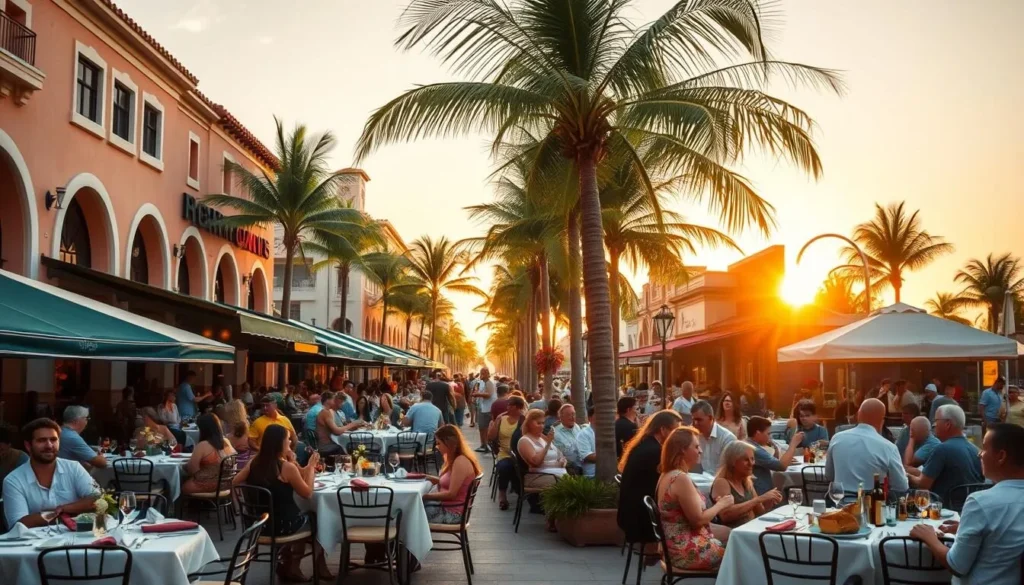A bustling outdoor dining scene in Delray Beach, Florida. A lively street lined with palm trees and Mediterranean-style buildings, filled with vibrant restaurants and cafes. In the foreground, elegant tables adorned with white tablecloths and fine dining settings invite patrons to savor the local cuisine. The middle ground features people enjoying their meals, lively conversations, and the hum of a thriving community. In the background, a warm, golden sunset casts a soft, romantic glow over the scene, highlighting the charming, coastal atmosphere. Capture the essence of Delray Beach's vibrant dining culture with a cinematic, high-quality image.