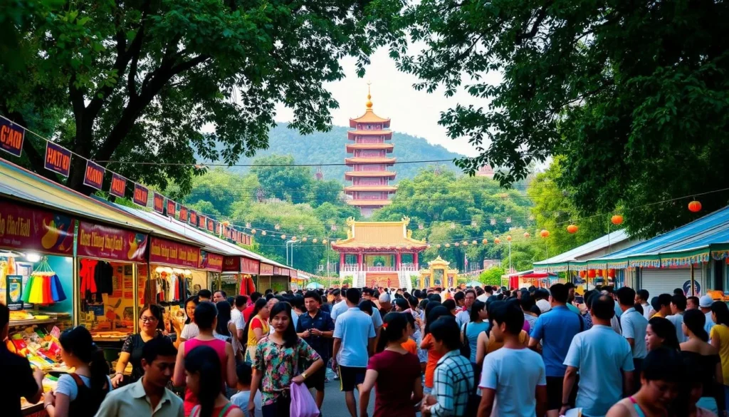 A bustling outdoor festival in a vibrant Vietnamese city, with people engaged in lively activities. In the foreground, colorful stalls sell traditional crafts and street food, while in the middle ground, performers showcase traditional dances and music under the warm glow of string lights. In the background, a pagoda-style temple rises amidst lush greenery, creating a serene and atmospheric backdrop. The scene is illuminated by a soft, natural light, capturing the festive spirit and cultural richness of the event.