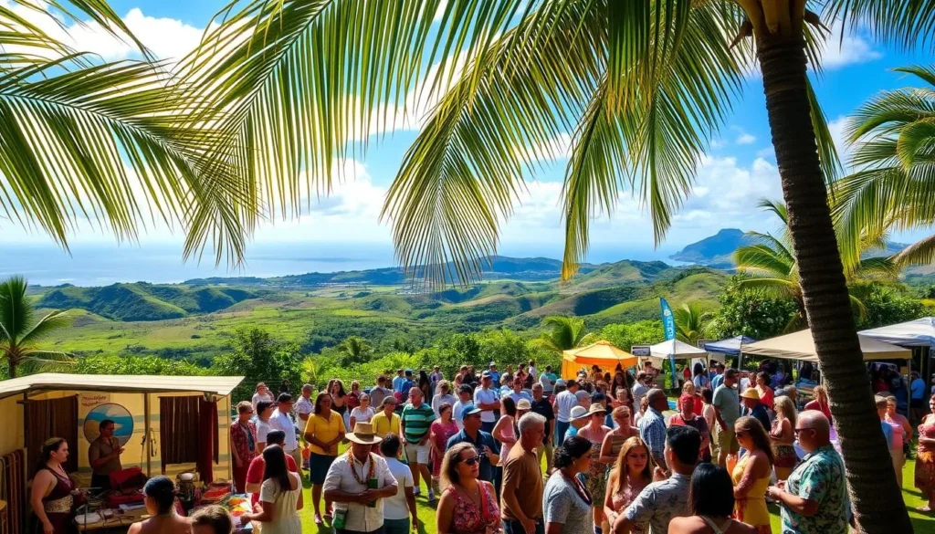 A bustling outdoor festival set against the lush, verdant backdrop of Maui's landscape. In the foreground, a vibrant display of traditional Hawaiian arts and crafts, with artisans showcasing their intricate weavings, woodcarvings, and lei-making skills. In the middle ground, a stage comes alive with the soulful melodies of Hawaiian music and the graceful movements of hula dancers. Overhead, warm sunlight filters through swaying palm fronds, casting a golden glow over the scene. In the distance, rolling hills and the blue expanse of the Pacific Ocean create a breathtaking natural setting for this celebration of Maui's rich cultural heritage.
