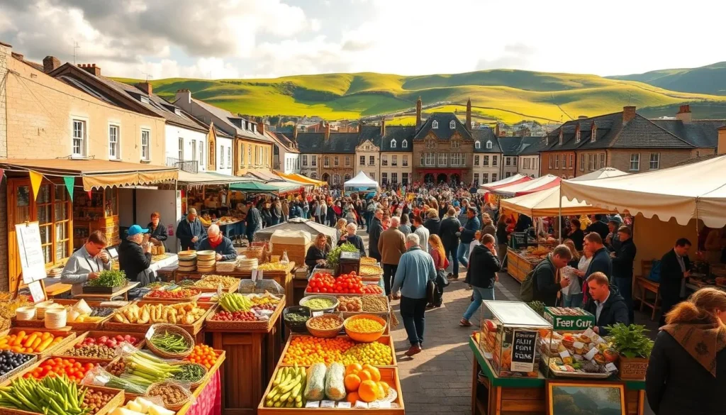 A bustling outdoor food festival in Connacht, Ireland, showcasing the region's vibrant culinary heritage. In the foreground, colorful market stalls display an array of local produce, artisanal foods, and tempting street food delicacies. The middle ground features lively crowds of people sampling the delicious offerings, surrounded by the historic architecture of the town square. In the background, rolling green hills and a bright, warm sky set the idyllic scene. Warm, golden lighting bathes the entire tableau, creating a cozy, inviting atmosphere that captures the spirit of Connacht's thriving food culture.