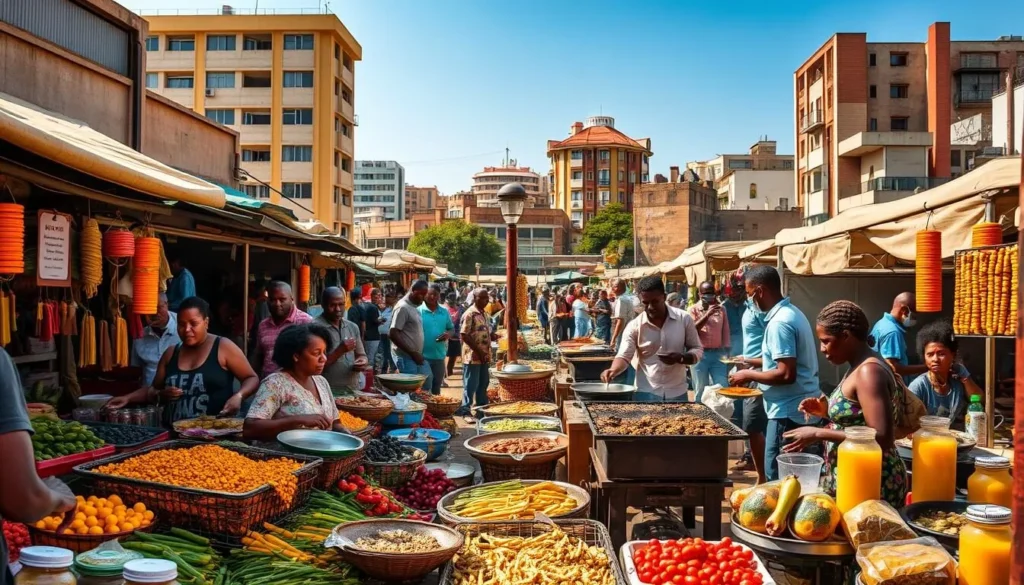 A bustling outdoor food market in Bulawayo, Zimbabwe, on a sunny day. In the foreground, stalls overflow with vibrant produce, spices, and traditional street food. Locals and visitors browse the colorful displays, sampling delicacies like mopane worms, sadza, and fresh juices. The middle ground features sizzling grills and vendors skillfully preparing meals. In the background, a mix of modern and historic buildings frame the lively scene, creating an authentic Zimbabwean atmosphere. Warm, diffused lighting and a sense of energy and community permeate the environment.