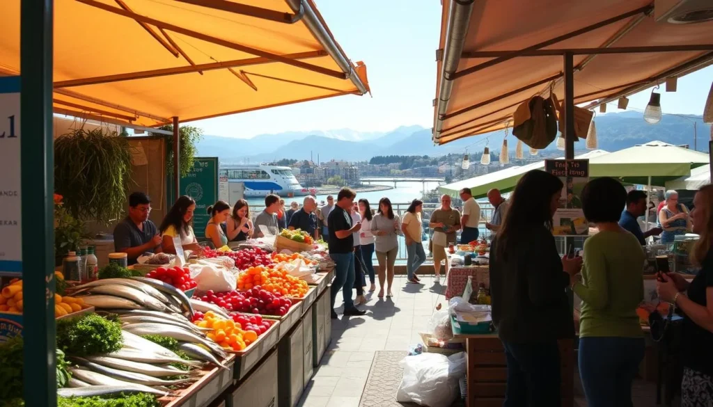 A bustling outdoor food market in Valdivia, Chile, with vibrant stalls showcasing the region's fresh seafood, produce, and local delicacies. Crisp sunlight filters through the canopies, casting a warm glow on the lively scene. In the foreground, vendors offer up glistening fish, fragrant herbs, and colorful fruits and vegetables. In the middle ground, patrons browse the stalls, sampling empanadas, sipping local wines, and chatting animatedly. Beyond, the picturesque Calle-Calle River winds through the city, with the Andes mountains rising majestically in the distance. The atmosphere is one of community, celebration, and a deep appreciation for the bounty of Valdivia's culinary landscape.