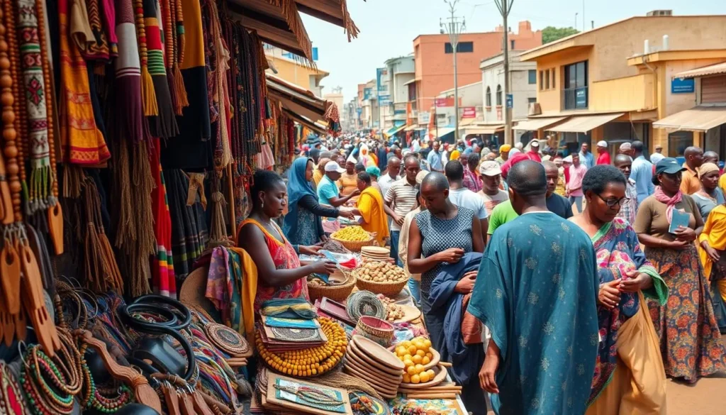 A bustling outdoor market in Abakaliki, Nigeria, showcasing a vibrant array of handcrafted local goods. In the foreground, artisans display their intricate wares, including colorful textiles, intricate wood carvings, and beaded jewelry. The middle ground features lively negotiations between vendors and customers, while the background reveals the city's vibrant architecture and bustling street life. The scene is bathed in warm, natural lighting, captured through a wide-angle lens that emphasizes the energy and diversity of this thriving cultural marketplace. The overall atmosphere is one of lively commerce, cultural heritage, and a celebration of Abakaliki's rich artisanal traditions.