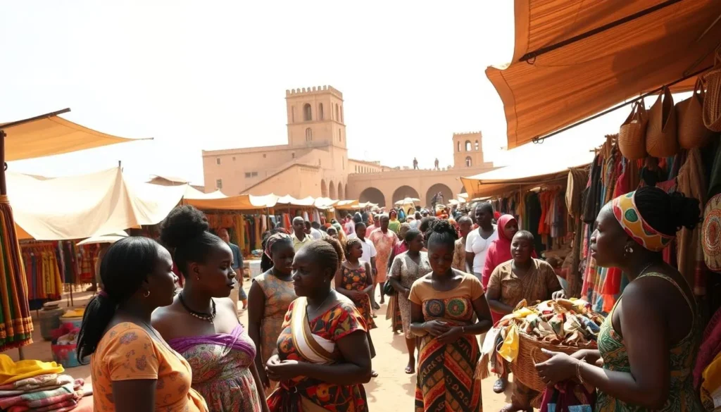 A bustling outdoor market in Abomey-Calavi, Benin, where vendors gather to exchange goods and converse in a vibrant mix of local languages. Sunlight filters through the canopies, casting warm shadows on the colorful fabrics, woven baskets, and artisanal crafts lining the stalls. In the foreground, a group of women engage in lively conversation, their gestures and expressions bridging the linguistic divide. The middle ground features a diverse array of shoppers, some negotiating prices, others browsing the vibrant displays. In the background, the architecture of Abomey-Calavi's historic buildings stands as a testament to the region's rich cultural heritage. The scene conveys a sense of community, cultural exchange, and the practical realities of navigating daily life in this captivating West African city.