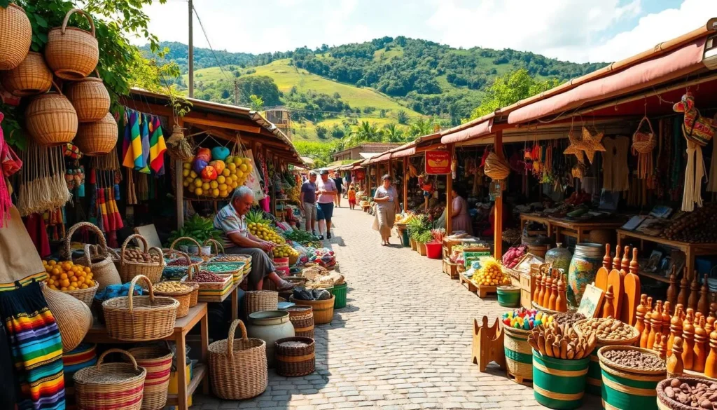 A bustling outdoor market in Antipolo, the vibrant colors and textures of locally-crafted goods spilling out onto the sun-dappled cobblestones. In the foreground, an array of woven baskets, colorful textiles, and handmade trinkets beckon passersby. Stalls display an assortment of tropical fruits, freshly-roasted coffee beans, and fragrant spices. In the middle ground, artisans skillfully demonstrate their craft, weaving intricate patterns and carving intricate wooden figurines. The background reveals the lush, rolling hills and verdant greenery that surround the bustling market, creating a picturesque scene that captures the essence of Antipolo's local culture and artistry.