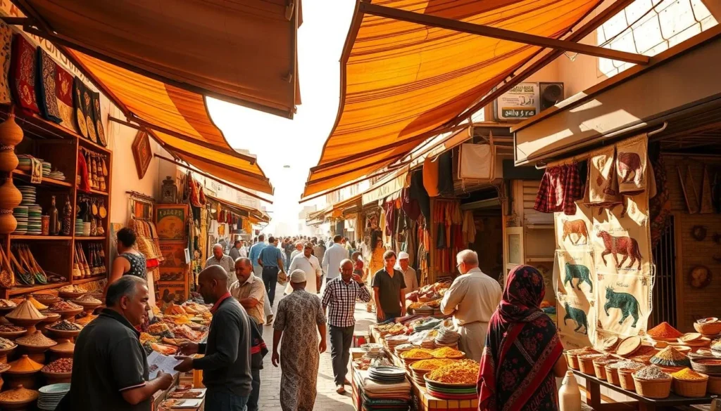 A bustling outdoor market in Banghazi, Libya, with vibrant stalls showcasing local handicrafts, spices, and textiles. Warm sunlight filters through the awnings, casting a golden glow on the scene. In the foreground, a group of local merchants haggle good-naturedly, while in the middle ground, customers browse the colorful displays. The background is filled with the bustling activity of the city, with people going about their daily lives. The overall atmosphere is one of lively cultural exchange and community.