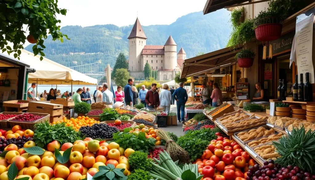 A bustling outdoor market in the charming town of Thun, Switzerland, overflowing with local delicacies. In the foreground, a colorful display of fresh produce - crisp apples, plump berries, and fragrant herbs. Further back, artisanal breads, cheeses, and cured meats catch the eye. The middle ground features friendly vendors proudly showcasing their wares, while in the background, the iconic Thun Castle and the picturesque Aare River create a breathtaking natural backdrop. Soft, warm lighting filters through the scene, capturing the inviting atmosphere of this local food haven on a pleasant summer day.
