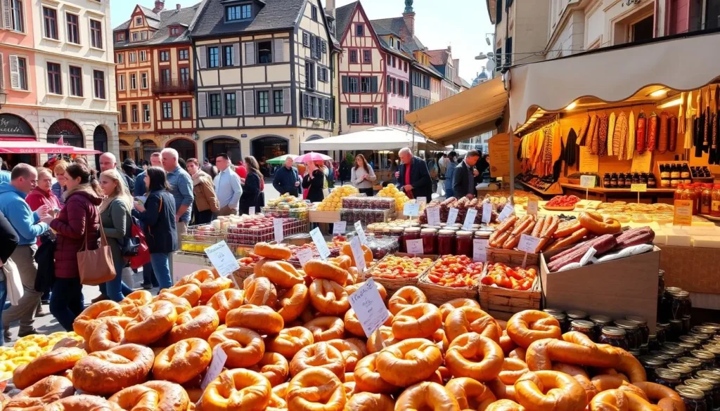 A bustling outdoor market in the heart of Basel, Switzerland, showcasing a vibrant array of local delicacies. In the foreground, a colorful display of freshly baked breads, pastries, and pretzels, their golden crusts glistening in the warm sunlight. Middle ground features artisanal cheeses, cured meats, and jars of preserves, surrounded by chattering locals and visitors sampling the fare. In the background, the historic architecture of Basel frames the scene, lending an air of timeless charm. The overall atmosphere is one of conviviality and celebration of the city's renowned culinary heritage.