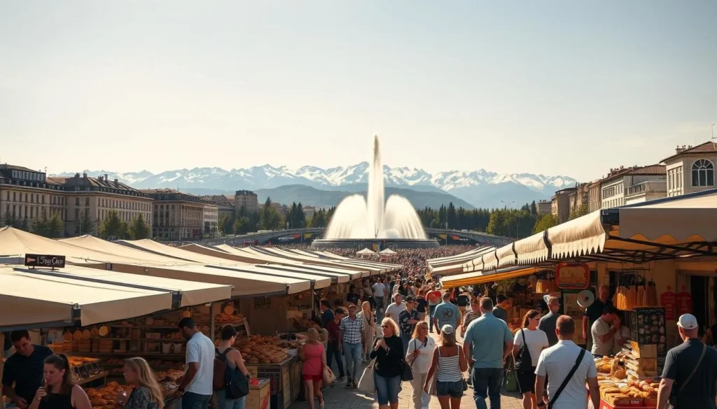 A bustling outdoor market in the heart of Geneva, Switzerland on a sunny day. In the foreground, vendors offer an array of local delicacies and handicrafts. People stroll through the stalls, sampling cheeses, breads, and other regional specialties. The middle ground showcases the iconic Jet d'Eau fountain against the backdrop of the stunning Jet d'Eau fountain. In the distance, the majestic snow-capped Alps rise above the city. The scene is bathed in warm, golden light, creating a vibrant and inviting atmosphere perfect for festival-goers to explore and immerse themselves in the local culture.