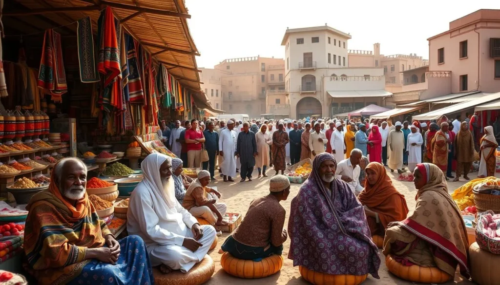 A bustling outdoor market in the heart of Merca, Somalia, with vibrant stalls showcasing handcrafted textiles, spices, and traditional wares. The sun casts a warm glow over the scene, illuminating the rich colors and intricate patterns of the local attire. In the foreground, a group of Somali elders sit on low stools, engaged in lively conversation, their faces etched with the wisdom of their culture. The middle ground features a lively crowd of Somali men and women, haggling good-naturedly over the prices of freshly picked produce and artisanal goods. In the background, the distinctive architecture of Merca's historic buildings provides a picturesque backdrop, hinting at the city's deep-rooted heritage. The overall atmosphere is one of cultural vibrancy, community, and a celebration of Somali traditions.