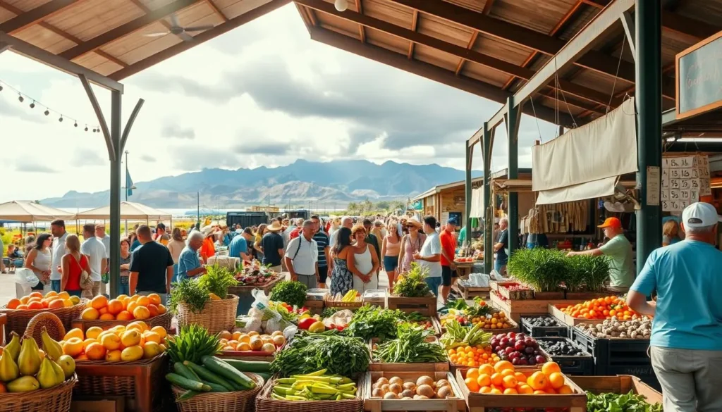 A bustling outdoor market scene in Maui, Hawaii, with colorful local produce, freshly caught seafood, and artisanal food stalls. In the foreground, vendors offer fragrant tropical fruits, vibrant vegetables, and aromatic herbs against a backdrop of woven baskets and wooden crates. The middle ground features a lively crowd of locals and tourists browsing the stalls, while in the distance, the iconic silhouette of the West Maui Mountains provides a scenic natural backdrop. Warm, diffused sunlight filters through the open-air pavilion, creating a convivial atmosphere of community and culinary discovery.