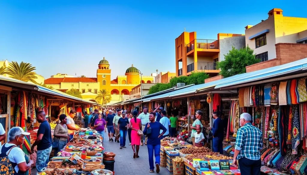 A bustling outdoor marketplace in Vereeniging, South Africa, with colorful stalls offering a diverse array of locally crafted goods, fresh produce, and handmade textiles. Shoppers leisurely browse the wares, immersed in the lively atmosphere as the warm sun casts a soft glow across the scene. In the foreground, artisans showcase their intricate handmade crafts, while in the middle ground, people engage in lively conversations and haggle for the best deals. The background features a mix of traditional and modern architecture, creating a visually striking and authentically South African shopping experience.