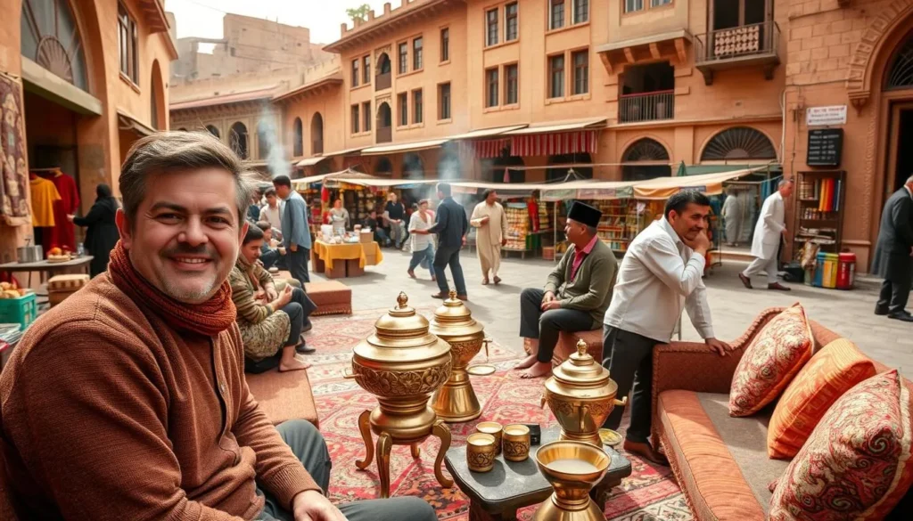 A bustling outdoor scene in a lively Afghan city, with a family-owned tea house taking center stage. In the foreground, a warm-smiling host greets guests as they settle into cushioned seating. The middle ground features intricately patterned rugs, gleaming samovars, and the aroma of freshly brewed tea wafting through the air. In the background, colorful market stalls and stately mud-brick buildings set the stage for an immersive cultural experience. Soft natural lighting illuminates the welcoming atmosphere, capturing the spirit of Afghan hospitality.