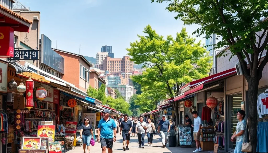 A bustling outdoor shopping district in Yongin, South Korea, on a bright sunny day. In the foreground, vibrant storefronts and stalls offer a diverse array of local goods, from traditional Korean handicrafts to trendy fashion. Pedestrians stroll leisurely, pausing to browse and chat. In the middle ground, the street is lined with lush trees and colorful awnings, casting a warm, inviting glow. In the background, the skyline is punctuated by the distinct architecture of Yongin, blending modern and historic elements. The scene exudes a lively, energetic atmosphere, capturing the essence of shopping in this vibrant South Korean city.