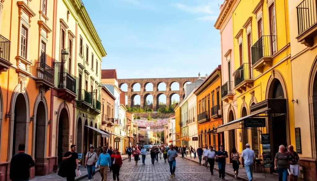 A bustling pedestrian avenue in the historic center of Queretaro, Mexico. Cobblestone streets lined with colorful colonial buildings, their ornate facades casting soft shadows under the warm, midday sun. Locals and tourists stroll leisurely, pausing to admire the architectural details or browse the quaint shops and cafes. In the distance, the iconic Aqueduct of Queretaro rises majestically, its towering arches framing the scene. A tranquil, picturesque atmosphere pervades the area, inviting exploration of this UNESCO World Heritage Site.