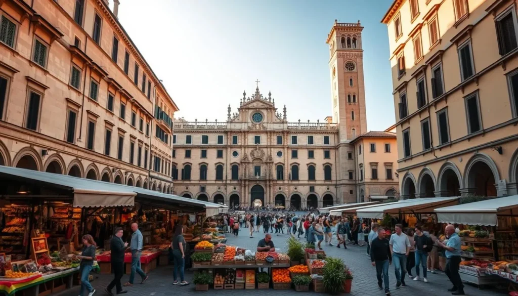 A bustling piazza in the heart of Padova, Italy, bathed in warm, golden sunlight. The historic Palazzo della Ragione and its imposing medieval facade take center stage, surrounded by charming arcades, colorful market stalls, and a lively crowd of locals and visitors. In the foreground, an array of fresh produce, fragrant flowers, and handcrafted wares spill out onto the cobblestoned square, inviting passersby to immerse themselves in the vibrant local culture. Towering renaissance-era buildings frame the scene, their weathered facades casting soft shadows across the piazza. The overall mood is one of timeless Italian charm, where the past and present converge in a joyful celebration of community and tradition.