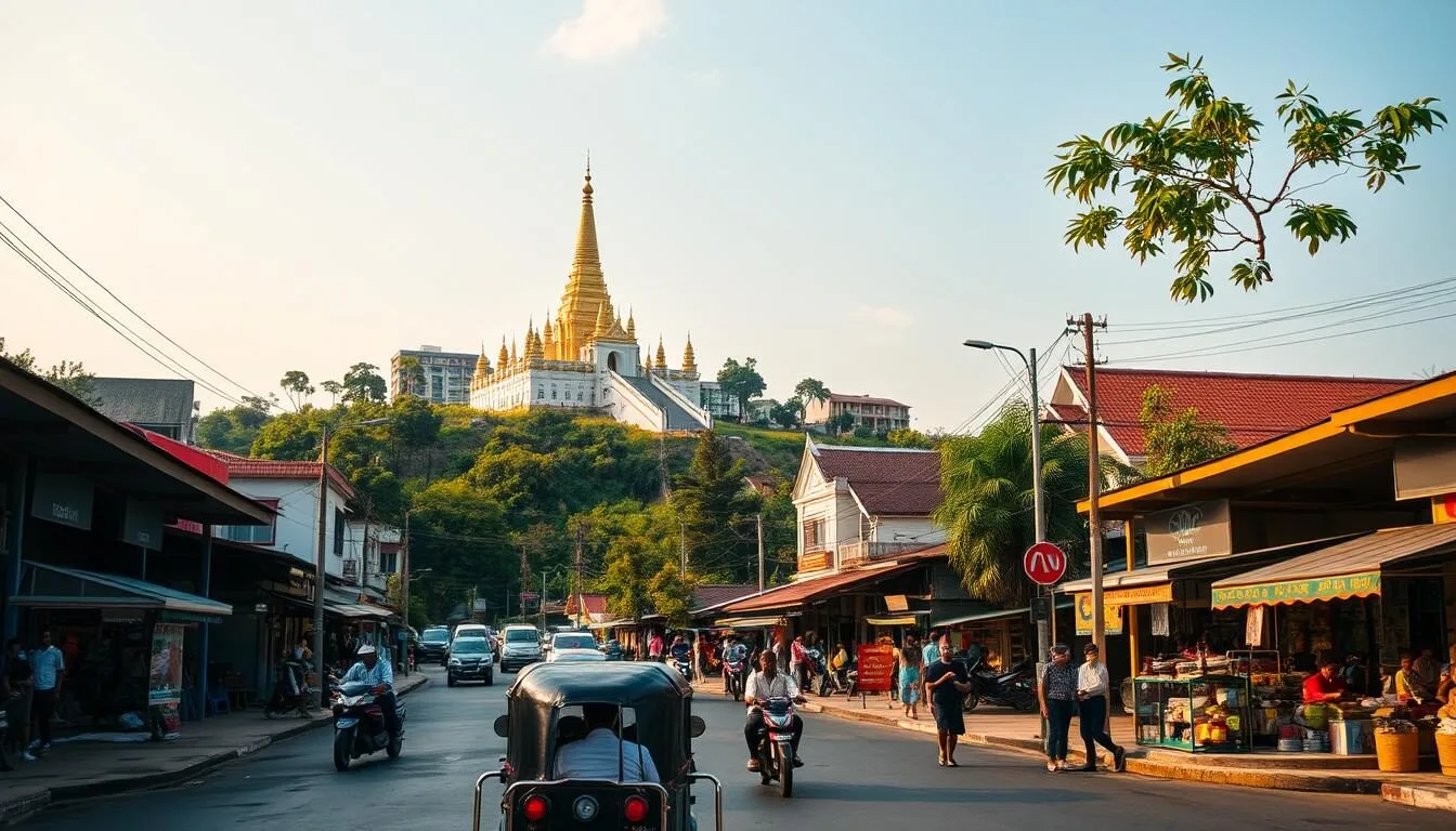 A bustling riverside city nestled in the Cambodian countryside, Battambang exudes a charming blend of colonial architecture and vibrant local culture. Capture the essence of this dynamic urban hub with a wide-angle view showcasing the iconic Wat Banan temple perched atop a lush green hill, its golden spires glimmering in the soft afternoon sunlight. In the foreground, a lively street scene unfolds, with tuk-tuks navigating the bustling market square lined with colorful vendor stalls and pedestrians going about their daily routines. Infuse the scene with a warm, inviting atmosphere, and let the image convey the vibrancy and captivating appeal of Battambang, Cambodia's second-largest city.