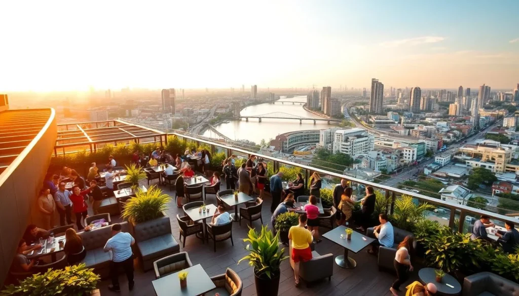 A bustling rooftop bar in Ho Chi Minh City, Vietnam, with sweeping views of the city skyline. Warm evening sunlight bathes the scene, casting a golden glow over the lively gathering of locals and tourists alike. Tables and plush seating areas are scattered across the terrace, surrounded by lush greenery and modern architectural elements. In the distance, the iconic Saigon River winds its way through the cityscape, complemented by the silhouettes of high-rise buildings. A vibrant, energetic atmosphere pervades the space, inviting visitors to soak in the sights, sounds, and flavors of this dynamic urban oasis.