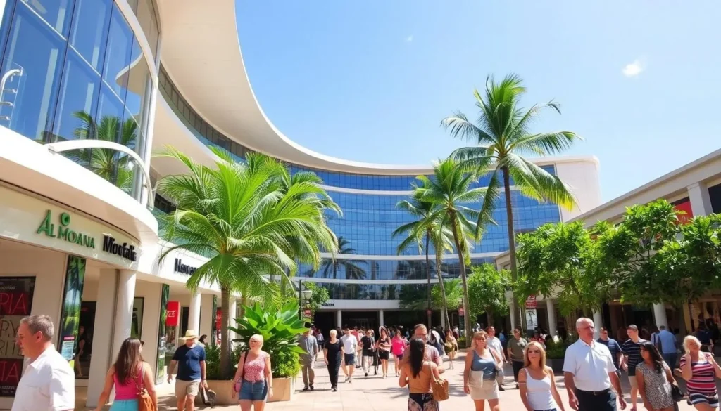 A bustling scene at Ala Moana Center, Hawaii's premier shopping destination. The sun-dappled courtyard is filled with shoppers strolling past high-end boutiques and lush tropical foliage. In the foreground, people window-shop, admiring the latest fashion and lifestyle trends. The middle ground showcases the center's iconic architecture, with its sweeping curves and glass-paneled facades reflecting the clear blue sky. In the distance, palm trees sway gently, setting the tranquil, island-inspired ambiance. Capture the vibrant energy, diverse offerings, and relaxed Hawaiian charm of this world-class shopping experience.