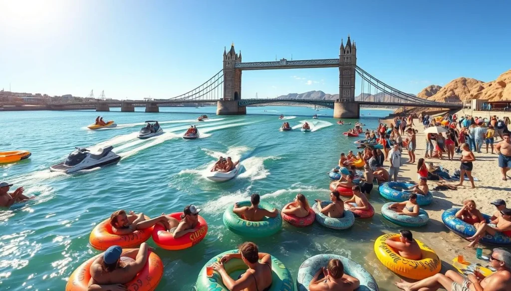 A bustling scene at the Bridgewater Channel in Lake Havasu, California. The sun shines brightly, casting a warm glow over the turquoise waters and lively crowds. In the foreground, people leisurely float on colorful inner tubes, sipping drinks and chatting animatedly. Nearby, motorboats and jet skis zip across the channel, their wakes creating a dynamic dance on the surface. In the middle ground, groups of friends and families gather on the sandy shores, enjoying picnics and music. The background is dominated by the iconic London Bridge, casting a majestic shadow over the vibrant social hub. The overall atmosphere is one of carefree summer bliss, capturing the essence of the Bridgewater Channel as the heart of Lake Havasu's lively social scene.