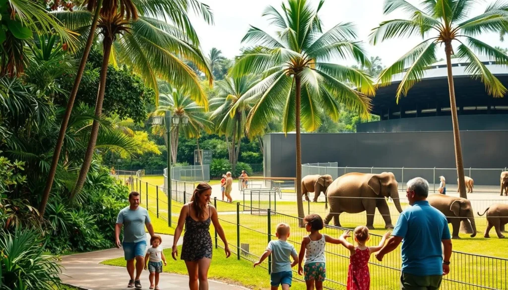 A bustling scene at the Honolulu Zoo on a sunny day. In the foreground, a family of four - parents and two young children - stroll along a winding path, taking in the lush tropical foliage and vibrant flora. The middle ground showcases a petting zoo area, where children eagerly reach out to pet friendly farm animals. In the background, a large, modern enclosure houses the zoo's elephants, their gentle giants swaying and trumpeting. Soft, diffused lighting filters through the canopy of palm trees, creating a warm, inviting atmosphere. The overall mood is one of discovery, wonder, and quality family time in this popular Hawaiian destination.