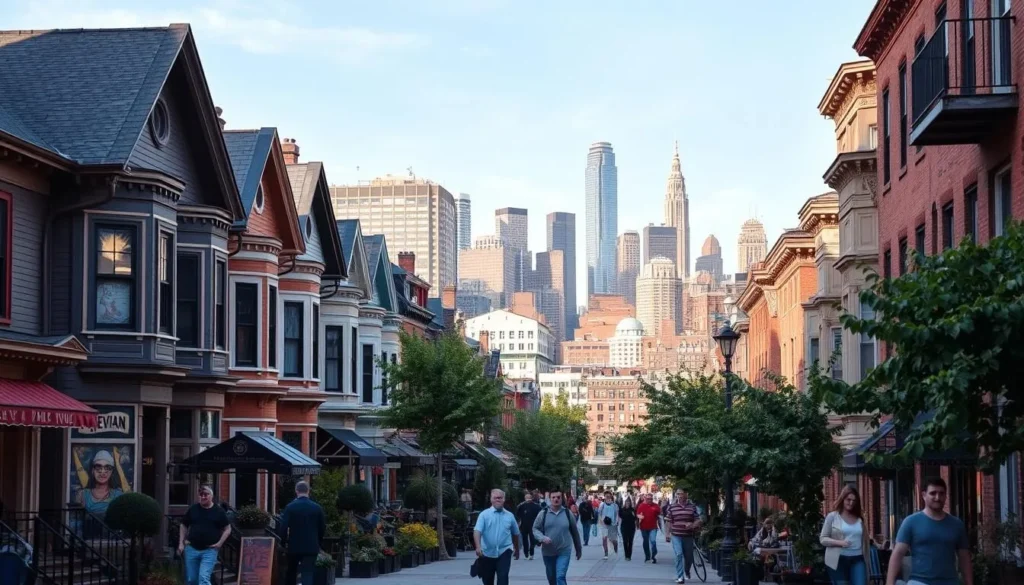 A bustling scene of Cleveland's vibrant neighborhoods on a pleasant day. In the foreground, quaint row houses with well-tended gardens line the streets, their facades adorned with colorful murals and lively storefronts. Residents stroll leisurely, pausing to chat with neighbors. The middle ground reveals a mix of historic buildings and modern architecture, their distinct styles blending harmoniously. In the background, the iconic skyline of downtown Cleveland rises, its towering skyscrapers gleaming under the warm sunlight. The atmosphere is lively yet serene, capturing the unique character and diversity of this thriving urban landscape.