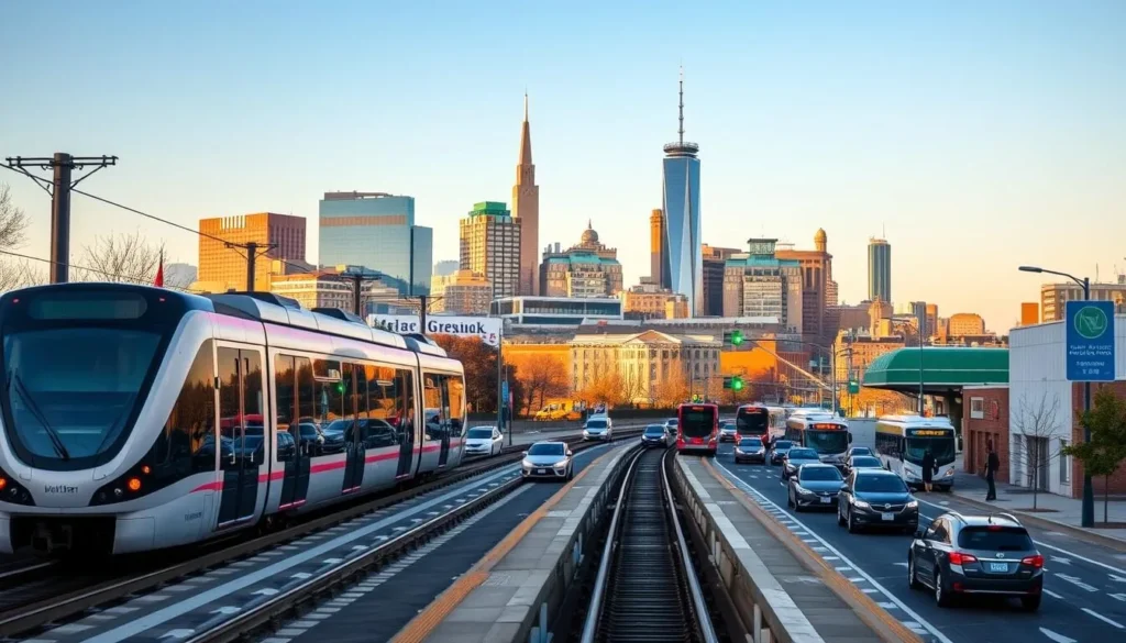 A bustling scene of New Brunswick, New Jersey's transportation hub. In the foreground, a modern light rail train glides along the tracks, its sleek design and vibrant colors reflecting the dynamic energy of the city. In the middle ground, a mix of cars, buses, and pedestrians navigate the well-designed streets, capturing the seamless flow of commuters and residents. In the background, the distinctive skyline of New Brunswick rises, featuring a mix of historic and contemporary architecture bathed in warm, golden sunlight. The overall atmosphere conveys a sense of efficiency, progress, and a thriving urban landscape.