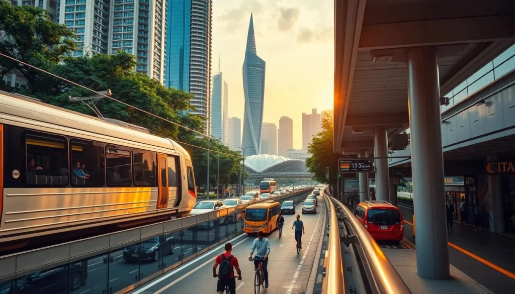 A bustling scene of Singapore's vibrant public transportation system. In the foreground, a sleek, modern metro train glides along the elevated tracks, its shiny exterior reflecting the warm, golden sunlight. Pedestrians and cyclists navigate the lively streets below, weaving through the steady flow of bus and taxi traffic. In the middle ground, a towering, futuristic-looking bus station stands as a testament to the city's efficient and sustainable infrastructure. The backdrop features a mix of high-rise buildings and lush, verdant greenery, capturing the dynamic blend of urban and natural elements that characterize Singapore's distinctive landscape. The overall atmosphere conveys a sense of energy, progress, and a well-connected, accessible public transportation system that caters to the needs of the local population.