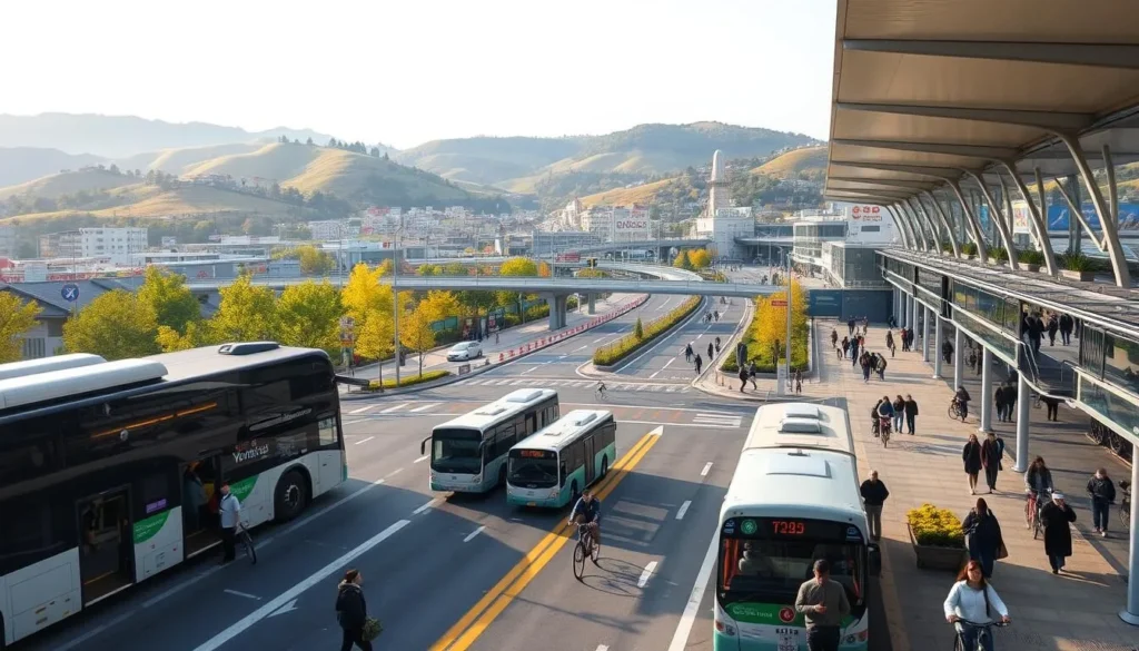 A bustling scene of Yongin's transportation hub on a pleasant day. In the foreground, a modern bus terminal with sleek, glass-walled architecture. Passengers hurry to board well-maintained, eco-friendly buses. In the middle ground, a network of clean, well-lit streets with efficient traffic flow. Pedestrians and cyclists navigate the urban landscape with ease. In the background, the lush, rolling hills of Yongin's countryside provide a picturesque backdrop, bathed in warm, golden sunlight. The overall atmosphere conveys a sense of accessibility, sustainability, and integration between the city and its natural surroundings.