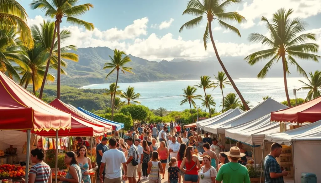 A bustling scene of a quaint Hawaiian local festival, tucked away from the main tourist attractions. In the foreground, colorful tents and booths showcase handcrafted wares, fresh produce, and traditional island cuisine. Lively music and the chatter of locals fill the air, creating a vibrant atmosphere. In the middle ground, people of all ages gather, conversing and browsing the stalls, immersed in the community spirit. The background features lush, verdant landscapes, with swaying palm trees and a glimpse of the sparkling ocean, conveying a sense of tranquility and natural beauty. Warm, golden sunlight filters through, casting a soft, inviting glow over the entire scene. The overall mood is one of celebration, authenticity, and a celebration of Hawaiian culture off the beaten path.