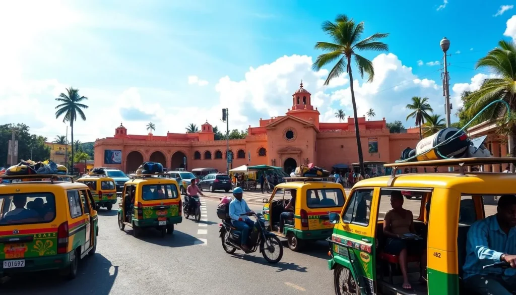 A bustling scene of transportation in Abomey-Calavi, Benin. Taxis, mopeds, and bicycles navigating the lively streets under a bright, sun-dappled sky. In the foreground, colorfully painted minibuses and taxis pick up and drop off passengers, their roofs laden with luggage. In the middle ground, a busy intersection with pedestrians and vendors selling wares. In the background, the iconic architecture of the city, with its distinct adobe structures and palm trees swaying gently. Capture the vibrant, energetic atmosphere of getting around this charming West African destination.