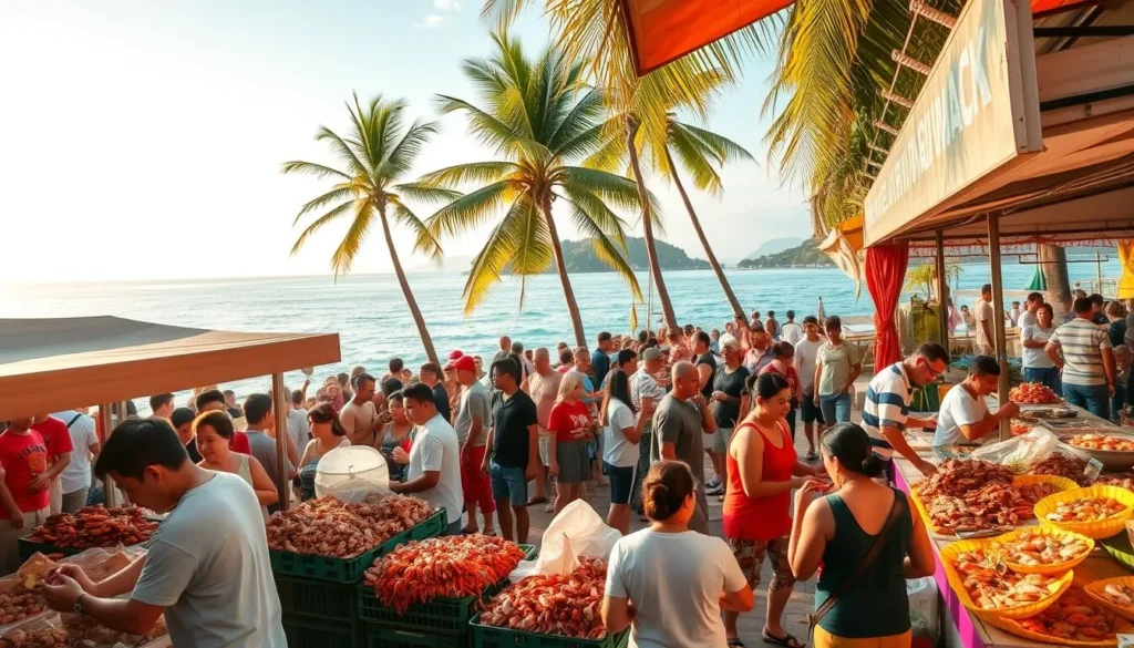 A bustling seafood festival on the lush, tropical island of Con Dao, Vietnam. In the foreground, vibrant stalls brimming with freshly caught shrimp, crabs, and fish. Vendors enthusiastically showcase their wares, enticing passersby with mouthwatering aromas. The middle ground features a crowd of locals and tourists mingling, sampling delectable seafood dishes and conversing animatedly. In the background, the picturesque coastline with its turquoise waters and swaying palms creates a serene, island-paradise backdrop. Warm, golden sunlight bathes the scene, evoking a lively, convivial atmosphere. A beautifully curated moment capturing the essence of Con Dao's renowned seafood festival.