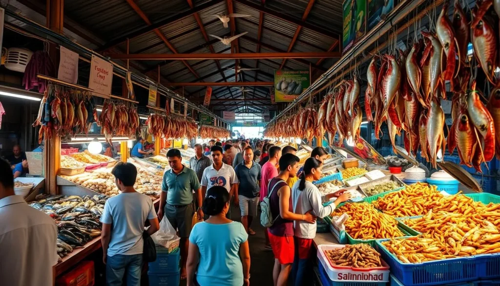 A bustling seafood market in Mahachai, Thailand, showcasing a vibrant array of fresh catches from the nearby Gulf of Thailand. Rows of stalls display glistening shrimp, crabs, fish, and other marine delicacies against a backdrop of lively activity. Shoppers weave through the crowded aisles, haggling with friendly vendors under the warm, natural light filtering through the open-air structure. The salty, briny aroma of the sea mingles with the sounds of lively chatter and the occasional call of seabirds overhead. Capture the energy and authenticity of this iconic local market, a testament to the region's deep-rooted seafaring heritage.