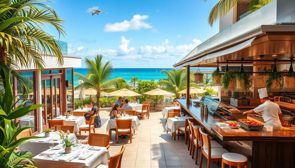 A bustling seafood restaurant nestled in a vibrant coastal setting, with a warm, inviting atmosphere. The exterior features a modern, glass-fronted facade, complemented by lush tropical foliage and a glimpse of the azure ocean in the distance. Inside, the spacious dining area is bathed in natural light, with crisp white tablecloths, sleek wooden furnishings, and a gleaming open kitchen where chefs skillfully prepare an array of fresh, mouthwatering seafood dishes. The aroma of sizzling seafood and fragrant herbs permeates the air, creating a tantalizing ambiance that beckons diners to indulge in an exceptional culinary experience.