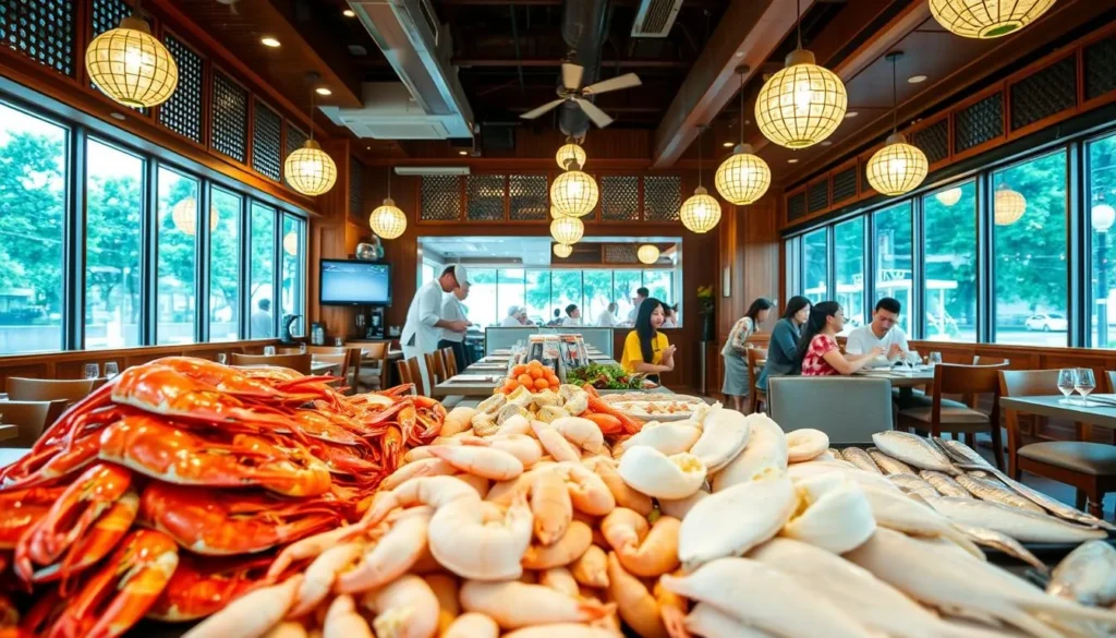 A bustling seafood restaurant nestled in the heart of Singapore, with a warm and inviting atmosphere. Bright natural light filters through large windows, illuminating the polished wooden tables and chairs. In the foreground, a display of fresh seafood catches the eye - glistening prawns, succulent crabs, and flaky white fish. The middle ground features chefs expertly preparing dishes, their hands moving with practiced precision. In the background, a lively scene unfolds as patrons converse and savor their meals, the air filled with the aroma of garlic, ginger, and sizzling woks. A sense of casual elegance permeates the space, making this an affordable yet memorable dining experience.