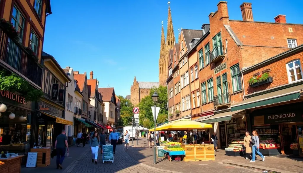 A bustling shopping district in Dortmund, Germany, on a sunny afternoon. Quaint cobblestone streets lined with charming boutiques, cafes, and independent stores, their colorful facades bathed in warm, golden light. Shoppers leisurely browse through the unique local wares, from handcrafted trinkets to artisanal goods. In the middle ground, a lively outdoor market with vibrant produce stalls and artisans showcasing their crafts. In the background, the iconic Dortmund Cathedral towers over the scene, its spires silhouetted against a clear, azure sky. The atmosphere is one of relaxed exploration, where the rhythms of daily life and the local culture harmonize to create an inviting, picturesque shopping experience.