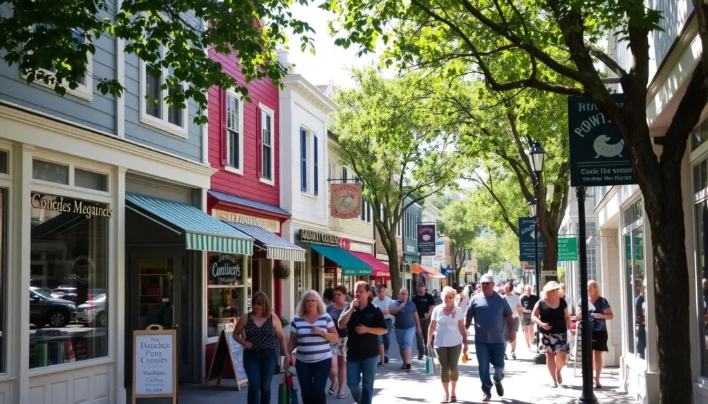 A bustling sidewalk in the heart of downtown Point Pleasant, New Jersey, on a sunny afternoon. Quaint boutiques, cozy cafes, and local shops line the street, their colorful facades and charming window displays beckoning passersby. Pedestrians stroll leisurely, browsing the wares and chatting with friendly shop owners. Dappled sunlight filters through the trees, casting a warm glow over the scene. The air is filled with the aroma of freshly brewed coffee and the lively chatter of shoppers. A sense of community and small-town character permeates the vibrant atmosphere, capturing the essence of shopping in this picturesque coastal town.