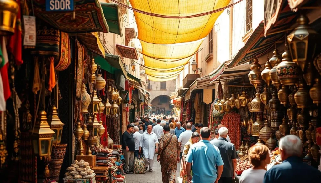 A bustling souk in the ancient medina of Fes, Morocco. Narrow alleyways lined with colorful stalls, filled with an array of handcrafted goods - intricate Berber rugs, polished brass lanterns, gleaming silver jewelry, and fragrant spices. Sunlight filters through the canopy of woven fabrics, casting a warm glow over the bustling scene. Merchants call out to passersby, haggling with animated gestures. The air is thick with the aroma of mint tea and freshly baked bread. Locals and tourists weave through the crowded passages, immersed in the vibrant sights, sounds, and scents of this timeless marketplace.