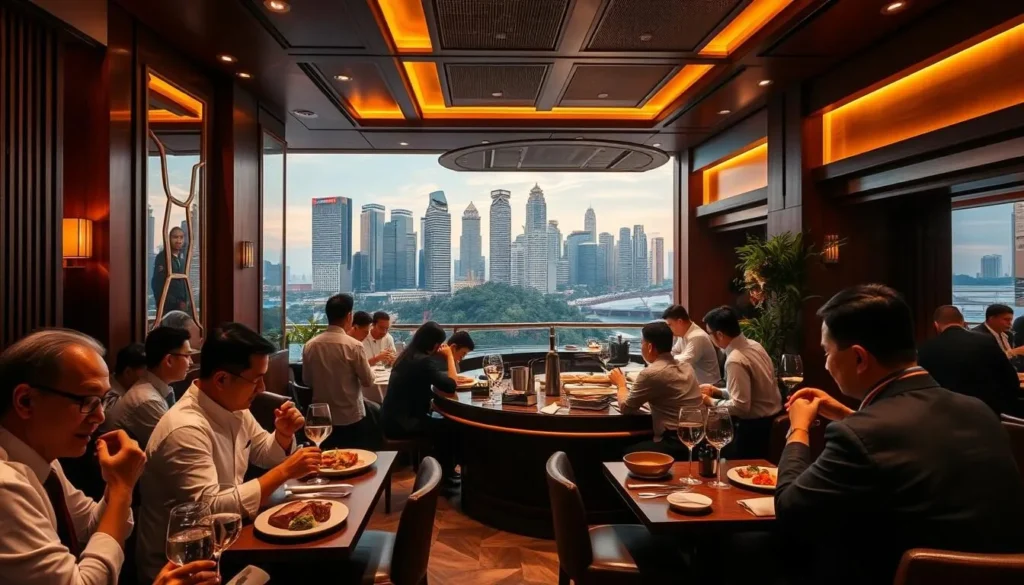 A bustling steakhouse nestled in the heart of Singapore's vibrant cityscape. Elegant wooden accents and warm lighting create an inviting ambiance, while the aroma of sizzling prime cuts wafts through the air. In the foreground, well-dressed patrons enjoy expertly prepared steaks, their lively conversation punctuated by the clink of glasses. The middle ground showcases the open kitchen, where skilled chefs meticulously prepare each dish. In the background, the iconic Singapore skyline, with its gleaming high-rises and lush greenery, provides a stunning backdrop, bathed in the soft glow of the evening sun. This is Singapore's elite steakhouse scene, where culinary excellence and sophisticated dining come together in perfect harmony.