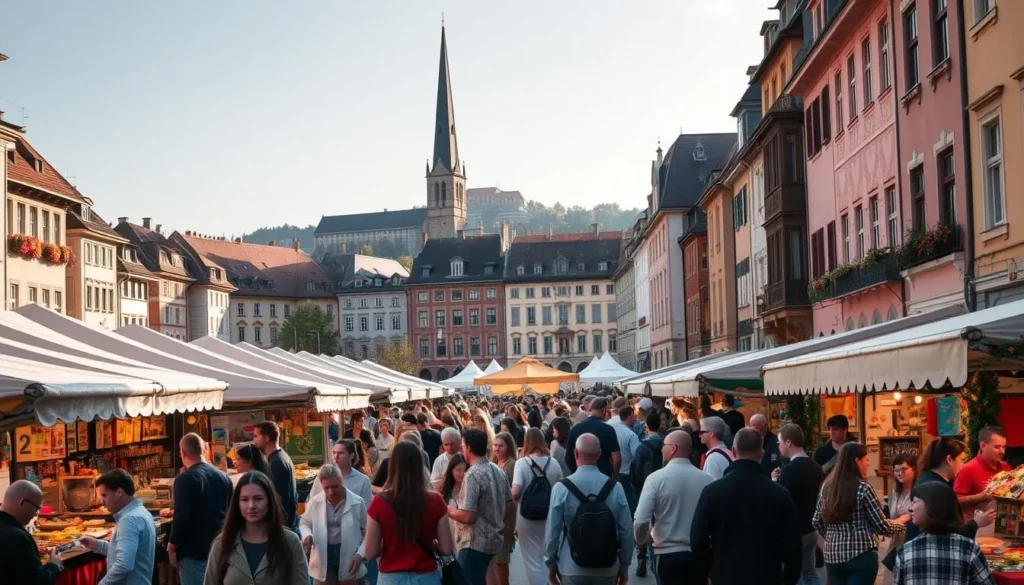 A bustling street festival in the heart of Zurich, Switzerland. In the foreground, vibrant stalls selling local crafts, street food, and artisanal wares. Locals and tourists mingle, sampling delicacies and browsing the varied offerings. The middle ground features a lively crowd gathered around a central stage, where musicians perform traditional Swiss folk music. In the background, the iconic spires and facades of Zurich's historic Old Town create a picturesque backdrop, bathed in warm, golden afternoon light. An atmosphere of joyous celebration and cultural immersion permeates the scene.