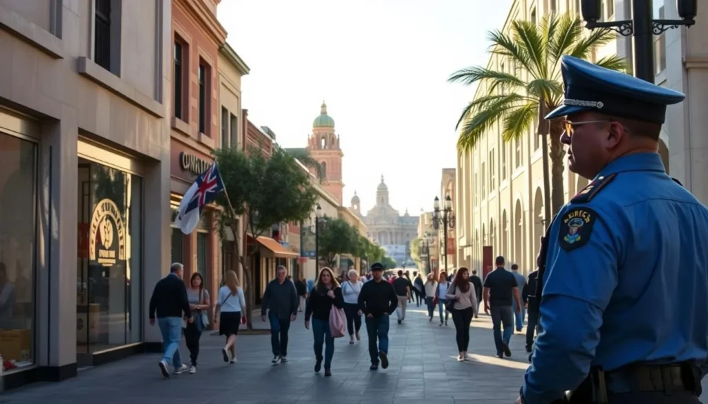 A bustling street in Ciudad Juarez, Mexico, on a pleasant afternoon. The sun casts a warm glow, illuminating the well-maintained buildings and sidewalks. Pedestrians stroll by, some window-shopping, others chatting with friends. Nearby, a police officer stands vigilant, ensuring the safety of the community. In the distance, the iconic architecture of the city's historic center can be seen, a reminder of the rich cultural heritage. The scene conveys a sense of tranquility and security, inviting travelers to explore the city with confidence.