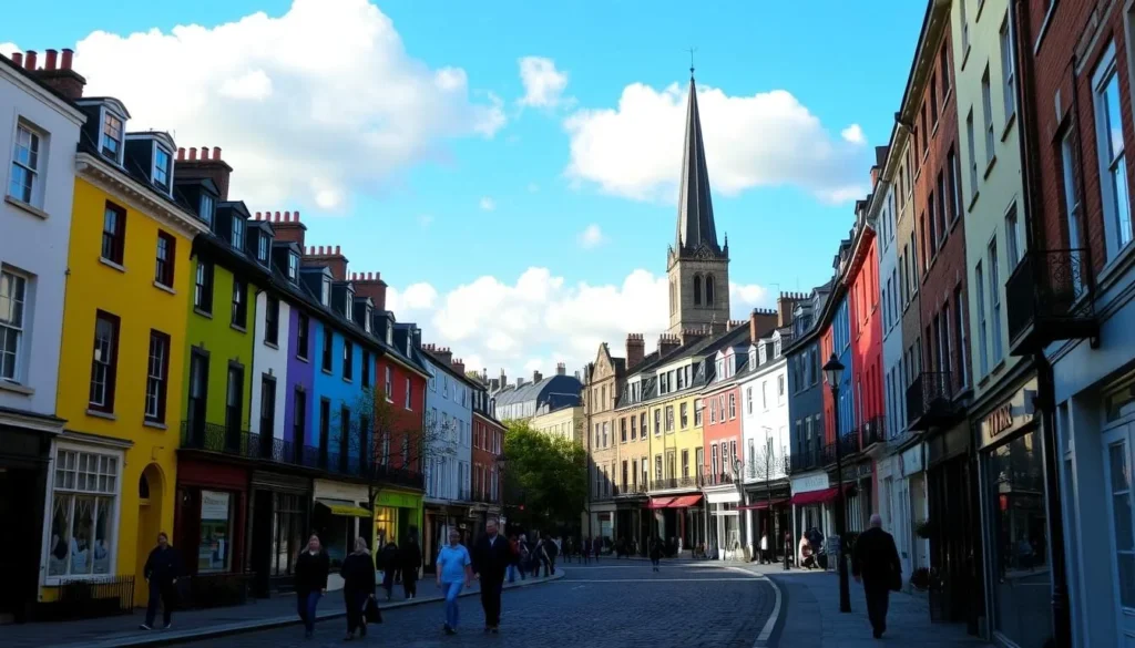 A bustling street in Dublin, Ireland, with Georgian-style townhouses lining the sidewalks, their colorful facades reflecting the warm sunlight. Pedestrians stroll along the cobblestone pavement, taking in the charming atmosphere of the city. In the distance, the spire of a historic church rises, adding to the picturesque cityscape. The scene is framed by a clear blue sky, with fluffy white clouds drifting overhead, creating a tranquil and inviting ambiance. The image captures the essence of Dublin's timeless beauty and the city's ability to captivate visitors with its unique blend of history, architecture, and vibrant street life.