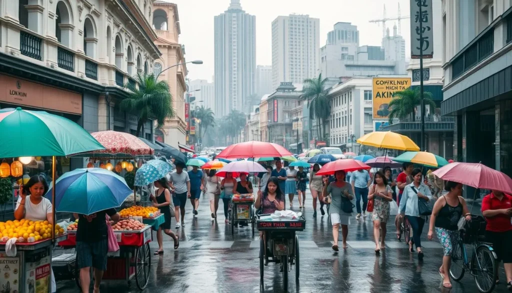 A bustling street in Ho Chi Minh City during the rainy season, with locals and tourists navigating colorful umbrellas and puddles. In the foreground, vendors selling fresh fruits and snacks from mobile carts, their wares glistening in the soft, diffused light. In the middle ground, pedestrians hurry along the sidewalks, seeking shelter under awnings and storefronts. In the background, the city's iconic architecture - a mix of colonial buildings and modern skyscrapers - stands tall, their details softened by the misty atmosphere. The scene is infused with a sense of vibrancy and resilience, as the people of this bustling metropolis carry on with their daily lives, embracing the unique charm of the rainy season.