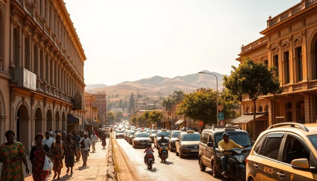 A bustling street in Jos, Nigeria, bathed in warm sunlight. In the foreground, locals stroll along the sidewalk, carrying vibrant textiles and wares. Towering colonial-era buildings with intricate architectural details line the street, casting long shadows. Taxis and motorcycles weave through the traffic, their horns adding to the lively soundtrack. In the distance, the iconic Jos Plateau rises, its rolling hills framed by a clear blue sky. The scene conveys the energy and dynamism of this historical city, welcoming visitors to explore its rich cultural heritage.