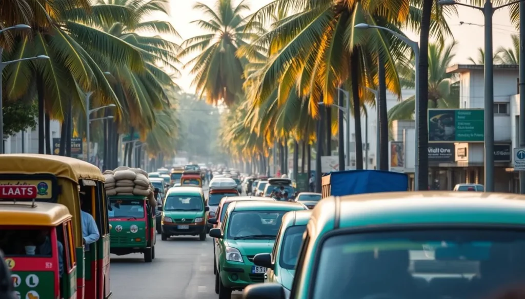 A bustling street in Kumasi, Ghana, capturing the vibrant transportation landscape. In the foreground, a colorful fleet of tro-tros (minibuses) and taxis weave through the traffic, their drivers calling out destinations. In the middle ground, pedestrians navigate the crowded sidewalks, carrying goods on their heads. Tall palm trees sway in the background, casting a warm, tropical glow over the scene. The lighting is natural and diffused, creating a golden hour ambiance. The composition features a wide-angle lens, showcasing the energy and dynamism of Kumasi's transport system.